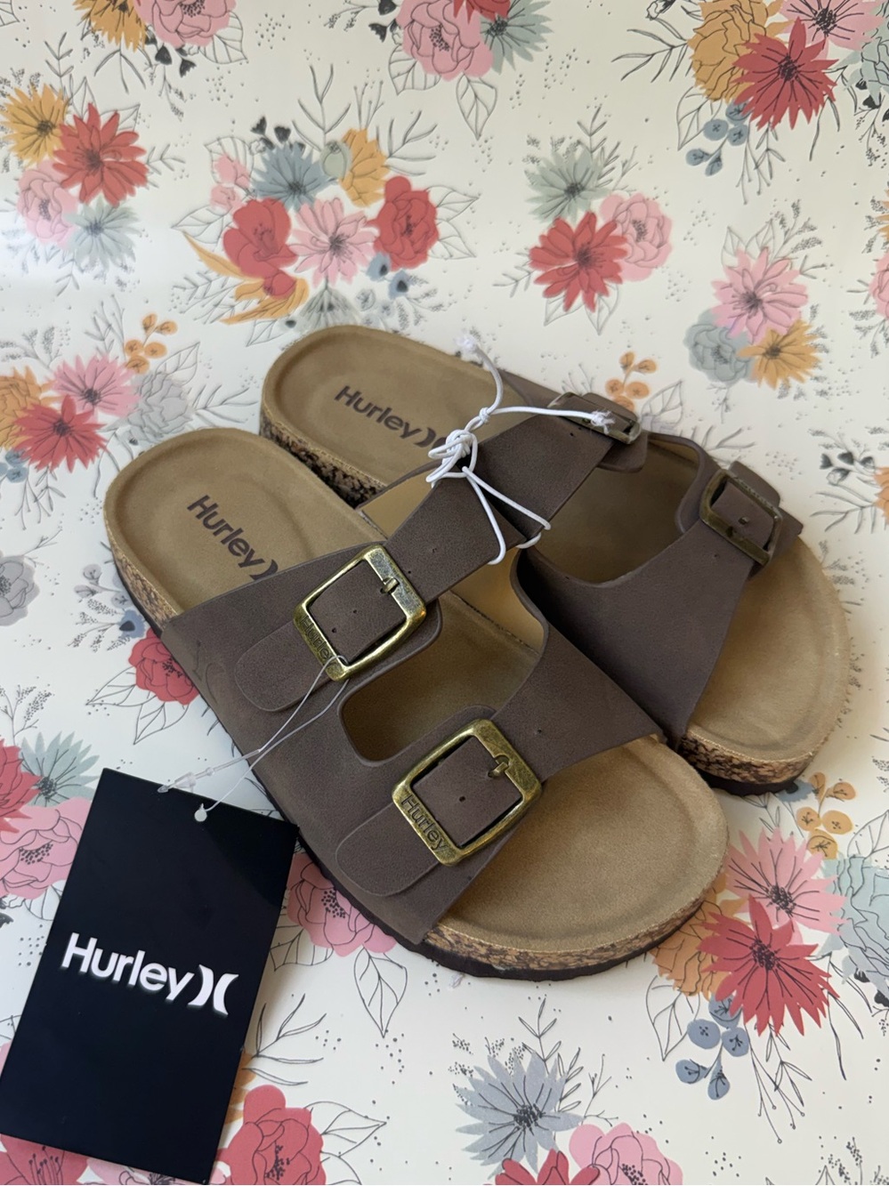 Hurley Youth Brown Double-Strap Cork Slide Sandals with Gold Buckles- Size 12